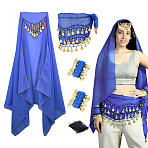 DIY Costume Props Sets, including Nylon & Iron Belly Dance Wrist Cuffs Bracelets, Silk Belly Dance Waist Scarf, Polyester with Iron Headpiece Cap and Alloy Hair Bobby Pins, Royal Blue, 55x2x4.5mm(DIY-HS0002-44B)