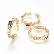 Brass Micro Pave Cubic Zirconia Cuff Rings, Open Rings, Long-Lasting Plated, Rectangle, Curb Chain Shape, Real 18K Gold Plated, Mixed Color, Size 6, Inner Diameter: 17mm(RJEW-K232-14G-M)