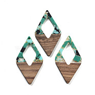 Walnut Wood Pendants, Resin and Gold foil, Rhombus, Dark Cyan, 47.5x25.5x3.5mm, Hole: 2mm(FIND-Z050-02E)