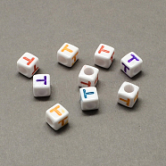 Large Hole Colorful Acrylic Letter European Beads, Horizontal Hole, Cube with Letter.T, 7x7x7mm, Hole: 4mm, about 1144pcs/500g(SACR-Q104-02T)