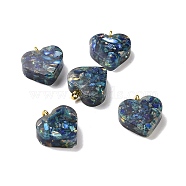 Transparent Resin Natural Imperial Jasper Dyed Chips Pendants, with Golden Tone Brass Loops, Heart Charm, Blue, 16.5x15.5x6~6.5mm, Hole: 2mm(G-E185-12G-03)