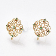 Brass Stud Earring Findings, Cubic Zirconia and Loop, Nickel Free, Real 18K Gold Plated, Flower, Green, 13x12mm, Hole: 0.8mm, Pin: 0.8mm(X-KK-T038-491B)