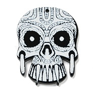 Halloween Theme Printed Acrylic Pendants, Skull Charms, Floral White, 40x30x2mm, Hole: 1.5mm(SACR-F013-01B)