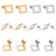 Unicraftale 40Pcs 2 Colors PVD Vacuum Plating 304 Stainless Steel Stud Earring Findings, Square/Rhombus, Golden & Stainless Steel Color, 13.5x13.5x0.8mm, Hole: 1mm, Pin: 0.7mm, 20pcs/color(STAS-UN0022-54)