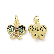 Brass Micro Pave Colorful Cubic Zirconia Charms, with Jump Ring, Butterfly Charm, Real 18K Gold Plated, 13.5x12x3mm, Hole: 3.2mm(KK-E068-VF096)