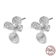 Rhodium Plated 925 Sterling Silver Stud Earring Findings, with Micro Pave Clear Cubic Zirconia, Flower, for Half Drilled Beads, with S925 Stamp, Real Platinum Plated, 7.5x8.5mm, Pin: 11x1mm and 0.7mm(STER-M115-09P)