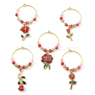 Valentine's Day Theme Rose Alloy Enamel Wine Glass Charms, with Glass Beads and Brass Hoop Earrings Findings, Red, 50~58x27x4.2mm(AJEW-JO00196)
