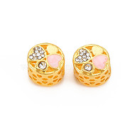 Rack Plating Alloy Enamel European Beads, with Crystal Rhinestone, Large Hole Beads, Cadmium Free & Nickel Free & Lead Free, Flat Round with Heart, Golden, Pink, 11x9mm, Hole: 5mm(MPDL-N039-133-01)