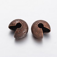 Textured Brass Crimp Beads Covers, Red Copper, 5mm In Diameter, Hole: 2mm(KK-F371-77R)