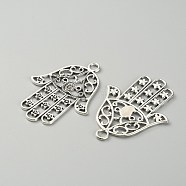 Tibetan Style Big Pendants, Hollow, Hamsa Hand/Hand of Miriam, Antique Silver, 53x39.5x1.5mm, Hole: 4mm(TIBEP-WH0001-02AS)