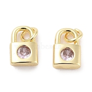 Brass Micro Pave Cubic Zirconia Charms, with Jump Ring, Lock, Real 18K Gold Plated, Pink, 9x5.5x2.5mm, Hole: 1.6mm(KK-C051-13G-03)