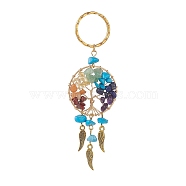 Synthetic Turquoise Keychain, with Iron Split Key Rings, Alloy Wing Charms and Mixed Gemstone Tree of Life Linking Rings, 11.2cm(KEYC-JKC00435-05)
