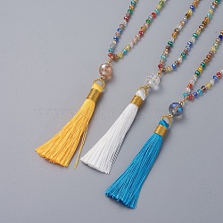 Polyester Tassel Pendant Necklaces, with Electroplate Faceted Abacus Glass Beads and Glass Seed Beads , Mixed Color, 31.5 inch(80cm)(NJEW-JN02621)