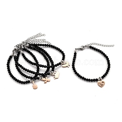 304 Stainless Steel Charm Bracelets, with Rondelle Glass Beads, Faceted, Mixed Shapes, Black, Rose Gold, 6-7/8 inch(17.6cm)(BJEW-I292-29M-RG)