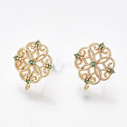 Brass Stud Earring Findings, Cubic Zirconia and Loop, Nickel Free, Real 18K Gold Plated, Flower, Green, 13x12mm, Hole: 0.8mm, Pin: 0.8mm(X-KK-T038-491B)