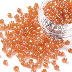 6/0 Glass Seed Beads, Trans. Colors Rainbow, Round, Gold, Size: about 4mm in diameter, hole:1.5mm, about 1000pcs/100g(X1-SEED-A007-4mm-169)