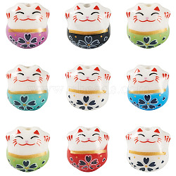 9Pcs Handmade Printed Porcelain Beads, Lucky Cat, Mixed Color, 13x14x11mm, Hole: 2mm(PORC-TADJ0001-01C)