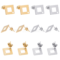 Unicraftale 40Pcs 2 Colors PVD Vacuum Plating 304 Stainless Steel Stud Earring Findings, Square/Rhombus, Golden & Stainless Steel Color, 13.5x13.5x0.8mm, Hole: 1mm, Pin: 0.7mm, 20pcs/color(STAS-UN0022-54)