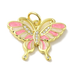 Brass Enamel Micro Pave Cubic Zirconia Pendants, Real 18K Gold Plated Butterfly Charms, with Jump Ring, Pink, 18x23.5x2.5mm, Hole: 4.2mm(KK-Z042-11G-02)