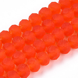 Transparent Glass Beads Strands, Faceted, Frosted, Rondelle, Orange Red, 6x4.5mm, Hole: 1.4mm, about 86pcs/strand, 16.14 inch(41cm)(EGLA-A034-T6mm-MD03)
