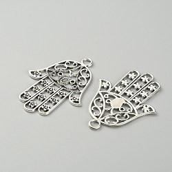 Tibetan Style Big Pendants, Hollow, Hamsa Hand/Hand of Miriam, Antique Silver, 53x39.5x1.5mm, Hole: 4mm(TIBEP-WH0001-02AS)