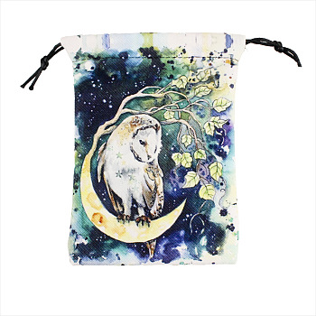 Printed Lint Packing Pouches Drawstring Bags, Rectangle, Owl Pattern, 18x13cm