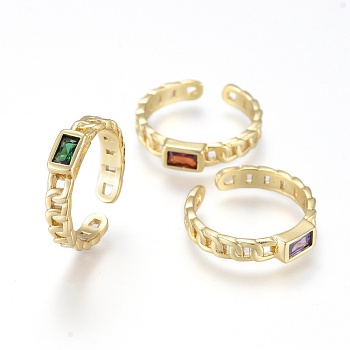 Brass Micro Pave Cubic Zirconia Cuff Rings, Open Rings, Long-Lasting Plated, Rectangle, Curb Chain Shape, Real 18K Gold Plated, Mixed Color, Size 6, Inner Diameter: 17mm