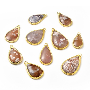 Natural Cherry Blossom Agate Big Pendants, with Brass Findings, Teardrop, Golden, 54~75.5x28~45x9~13mm, Hole: 4.5x5.5mm
