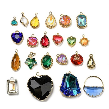 Glass Rhinestone Pendants, with Brass/Iron/Alloy Findings, Mixed Shapes, Mixed Color, 11~31.5x8~28x4~10mm, Hole: 1.2~20mm
