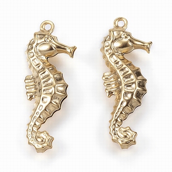 Ion Plating(IP) 304 Stainless Steel Pendants, Sea Horse, Golden, 26.5x10x4mm, Hole: 1mm