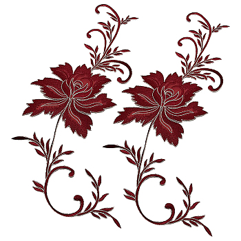 2Pcs Peony Computerized Embroidery Cloth Iron on/Sew on Patches, Costume Accessories, Appliques, Dark Red, 390x156x0.7mm