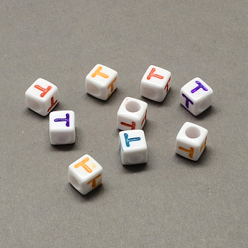 Large Hole Colorful Acrylic Letter European Beads, Horizontal Hole, Cube with Letter.T, 7x7x7mm, Hole: 4mm, about 1144pcs/500g