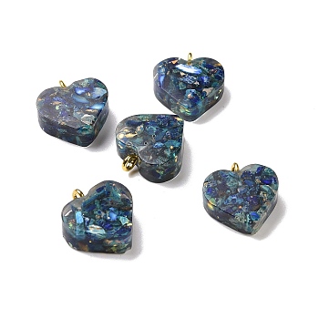 Transparent Resin Natural Imperial Jasper Dyed Chips Pendants, with Golden Tone Brass Loops, Heart Charm, Blue, 16.5x15.5x6~6.5mm, Hole: 2mm