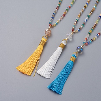Polyester Tassel Pendant Necklaces, with Electroplate Faceted Abacus Glass Beads and Glass Seed Beads , Mixed Color, 31.5 inch(80cm)