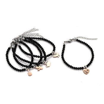 304 Stainless Steel Charm Bracelets, with Rondelle Glass Beads, Faceted, Mixed Shapes, Black, Rose Gold, 6-7/8 inch(17.6cm)