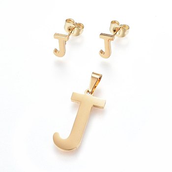 304 Stainless Steel Pendants and Stud Earrings Jewelry Sets, Alphabet, Letter.J, 20~23x13~19x1.5mm, Hole: 6x3mm, 6~10x6~9x1mm, Pin: 0.8mm