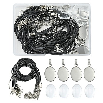 DIY Blank Dome Pendant Necklace Making Kit, Including Oval Stainless Steel Pendant Cabochons Setting, Waxed Cord Necklace Making, Transparent Glass Cabochons, Stainless Steel Color, 30Pcs/box