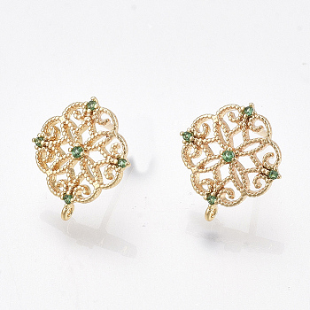 Brass Stud Earring Findings, Cubic Zirconia and Loop, Nickel Free, Real 18K Gold Plated, Flower, Green, 13x12mm, Hole: 0.8mm, Pin: 0.8mm
