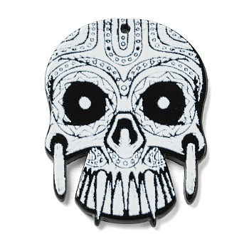 Halloween Theme Printed Acrylic Pendants, Skull Charms, Floral White, 40x30x2mm, Hole: 1.5mm