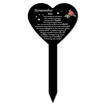Acrylic Garden Stake, Ground Insert Decor, for Yard, Lawn, Garden Decoration, Heart with Memorial Words Remember Me, Bird Pattern, 300x200mm