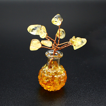 Natural Citrine Chips Tree Decorations, Vase Base with Copper Wire Feng Shui Energy Stone Gift for Home Office Desktop Decoration, 50x20mm