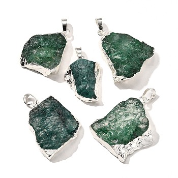 Raw Rough Natural Dyed Quartz Crystal Pendants, Nuggets Charms, with Brass Findings, Silver Color Plated, Green, 21~45x18~39x8~19mm, Hole: 7x4.5mm