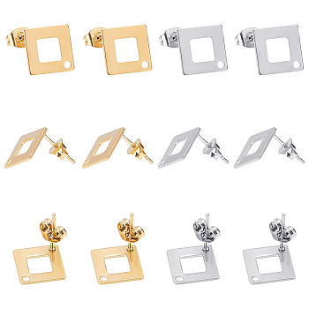 Unicraftale 40Pcs 2 Colors PVD Vacuum Plating 304 Stainless Steel Stud Earring Findings, Square/Rhombus, Golden & Stainless Steel Color, 13.5x13.5x0.8mm, Hole: 1mm, Pin: 0.7mm, 20pcs/color