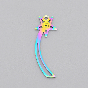 Ion Plating(IP) 201 Stainless Steel Pendants, Laser Cut, Meteor, Rainbow Color, 29.5x10.5x1mm, Hole: 1.5mm