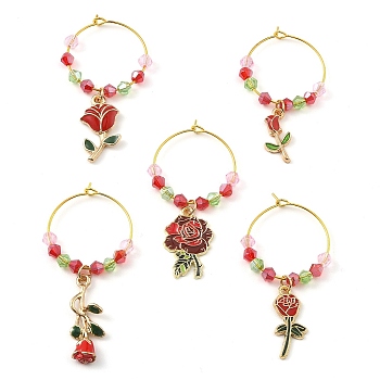 Valentine's Day Theme Rose Alloy Enamel Wine Glass Charms, with Glass Beads and Brass Hoop Earrings Findings, Red, 50~58x27x4.2mm