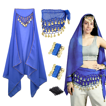DIY Costume Props Sets, including Nylon & Iron Belly Dance Wrist Cuffs Bracelets, Silk Belly Dance Waist Scarf, Polyester with Iron Headpiece Cap and Alloy Hair Bobby Pins, Royal Blue, 55x2x4.5mm