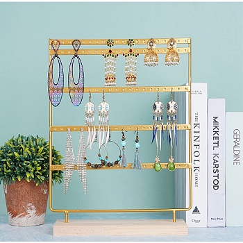5-Tier Iron Earring Display Stands with Wooden Base, Tabletop Jewelry Organizer Rack for Earrings Storage, Rectangle, Golden, 26.5x7x35cm
