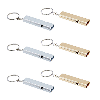 6Pcs 2 Colors Double Tube Whistle Alloy High Frequency High Decibel Keychain, for Life-Saving Emergency Sports Judgment, with Iron Key Rings, Platinum & Golden, 10.1cm, 3pcs/color