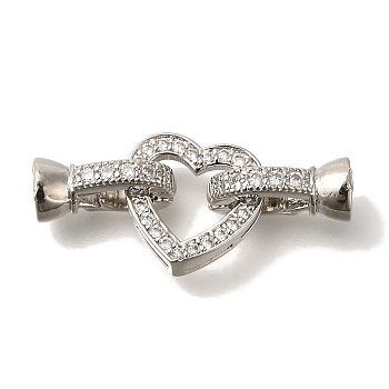 Brass Micro Pave Clear Cubic Zirconia Fold Over Clasps, Heart, Platinum, 26.5mm, Heart: 12x12.5x3.5mm, Clasp: 12.5x7.3x5.5mm, Hole: 4.2mm.