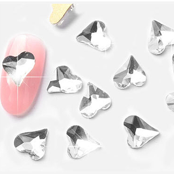 Flat Back Glass Rhinestone Cabochons, Nail Art Decoration Accessories, Faceted, Heart, Crystal, 8x9mm, 10pcs/bag